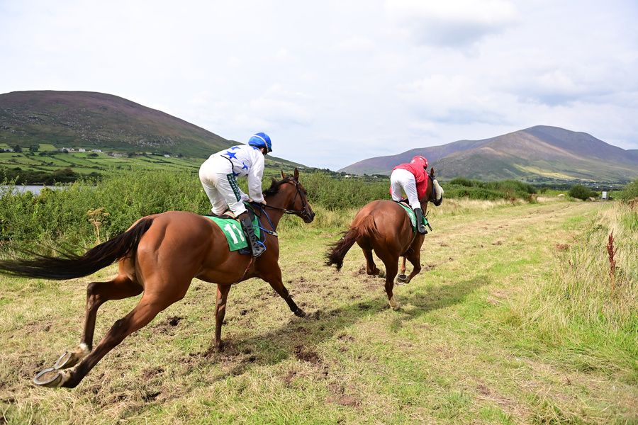 Jack de Bromhead (red) in action at Cahersiveen Pony Races