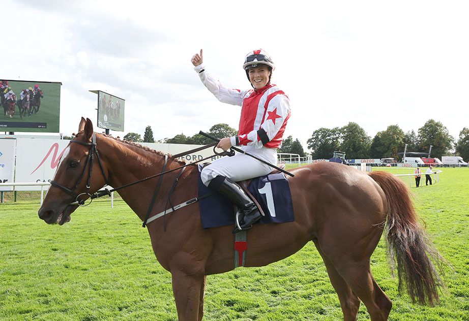 Sammy Jo Bell pictured after winning the Leger Legends Race on Absolute Dream at Doncaster