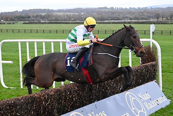 Three Stripe Life jumps the last under Davy Russell