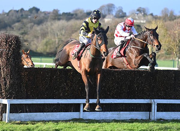 Monishter Are Mwee (left) jumps right at the last, with Salmanino in pursuit