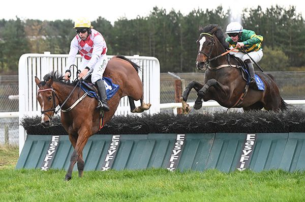 Luimneach and Aidan Kelly chase Cheerful Chap over the last