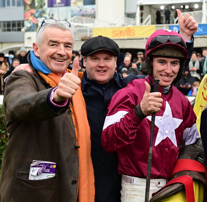 Michael O'Leary with Gordon Elliott and Jack Kennedy at Leopardstown