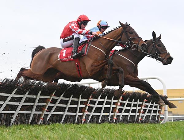 Sa Fureur (near side) jumps the last upsides La Malmason 