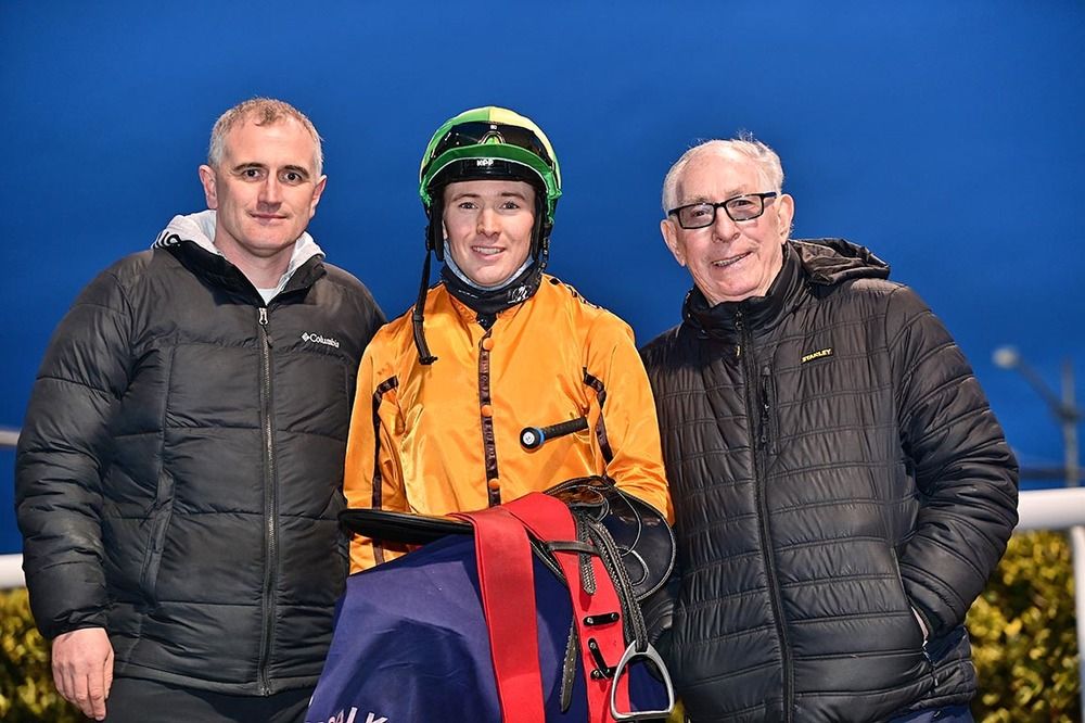 Tai Sing Yeh's rider Colin Keane with trainer James MacAuley (left) and Jim Gough