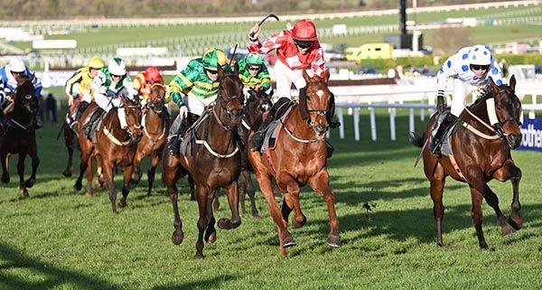 Jazzy Matty (centre) winning the Boodles Handicap Hurdle at Cheltenham for Gordon Elliott and Michael O'Sullivan
