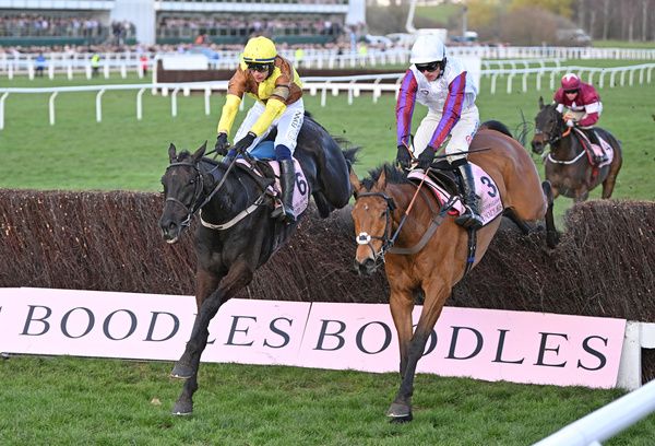 Galopin Des Champs and Bravemansgame jump the last at Cheltenham together