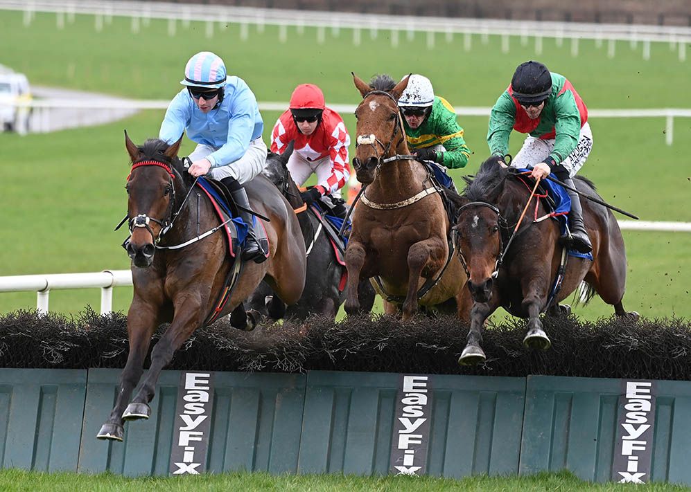 Feronily and Donagh Meyler (left) clear the final hurdle in front of Linden Arden (right)