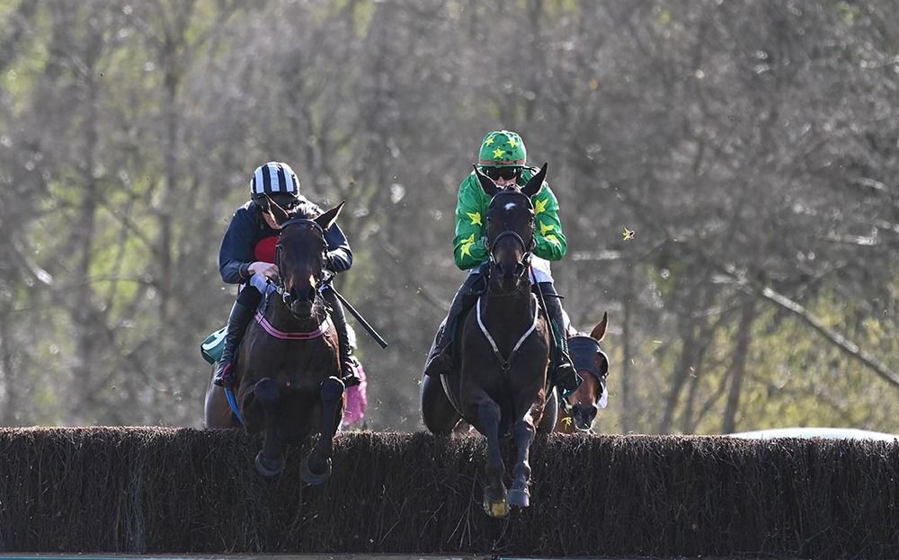 Malina Girl and Keith Donoghue (right) clear the final fence alongside My Design
