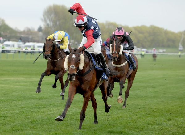 Kitty s Light and Jack Tudor red white and blue winning The Coral Scottish Grand National Handicap ChaseAyr 22 4 23Healy Racing