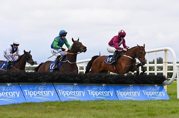 Hi Ski, far side, puts in a swift jump at the last