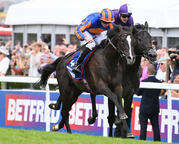 Epsom 3-June-2023. Betfred Derby (Group 1)Auguste Rodin and Ryan Moore win for trainer Aidan O'Brien (his 9th Derby success) from King Of Steel for owners Coolmore Stud.Healy Racing