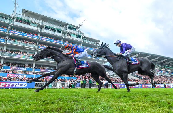 Epsom 3 June 2023 Betfred Derby Group 1 Auguste Rodin and Ryan Moore win for trainer Aidan O Brien his 9th Derby success from King Of Steel for owners