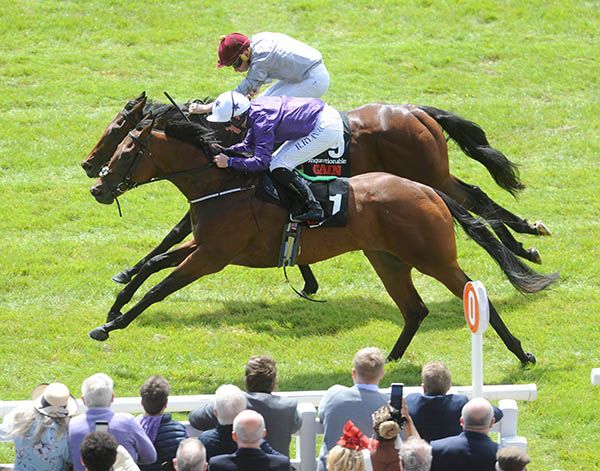 Bucanero Fuerte (nearside) and Rossa Ryan just beating Unquestionable in the Railway Stakes