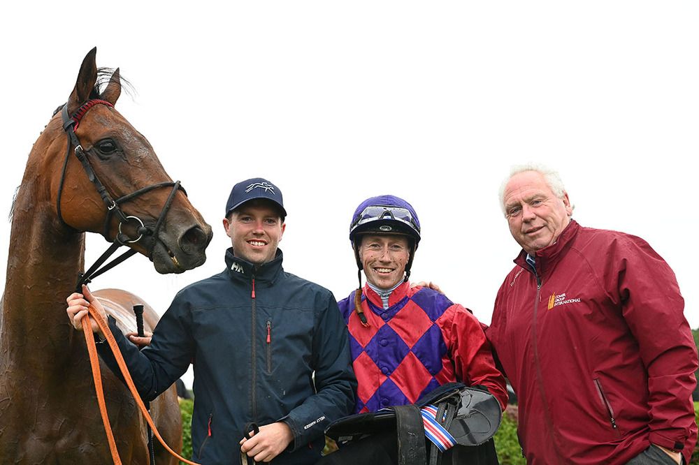 Plugged In and Nathan Crosse with trainer Jim Gorman (right) and his son Cathal 