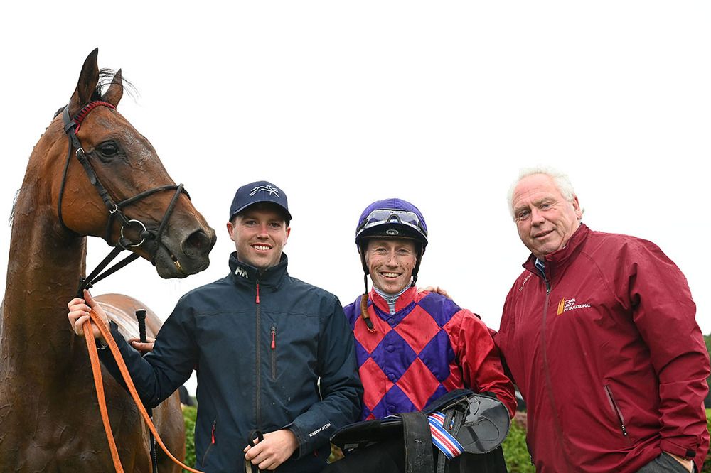 Plugged In and Nathan Crosse with trainer Jim Gorman (right) and his son Cathal 
