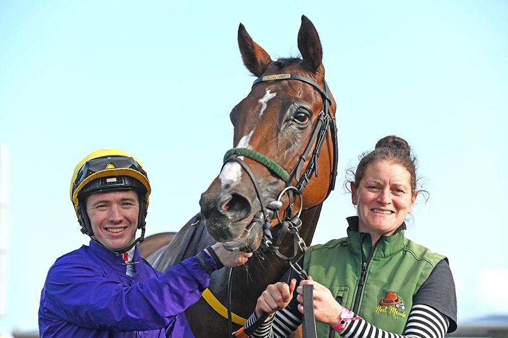 Jalo and Colin Keane with groom Emma Connolly after their win for trainer Noel Meade Healy Racing