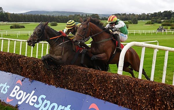 Positive Thinker (nearest) jumps the last upsides Railway Hurricane