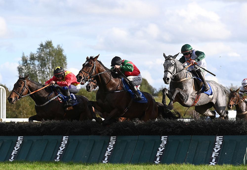 Eventual winner Millstream Lady (right) jumps the last alongside Rockbrook (left) and third-placed Halsafari (centre)