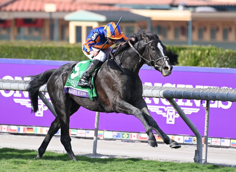 Auguste Rodin (Ryan Moore) winning at Santa Anita