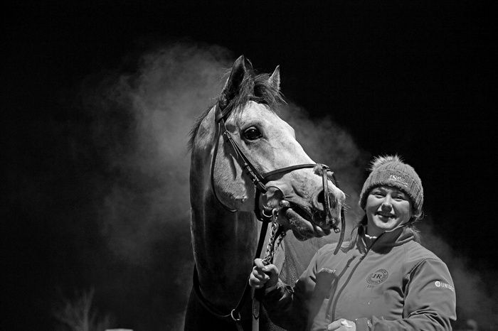 Dundalk 29-November-2023.Saturn and groom Lauren Paige after win for trainer Jessica Harrington.Healy Racing