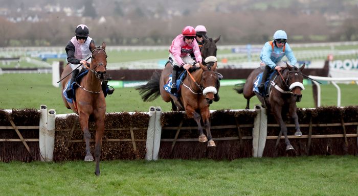 Bob Olinger and Rachael Blackmore (pink and black) winning The Dornan Engineering Relkeel Hurdle  Cheltenham 1.1.24Healy Racing