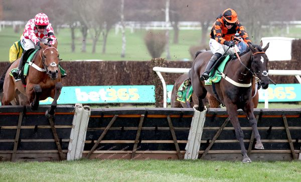 Personal Ambition and Kielan Woods (right) winning The bet365 Premier Novices??? Hurdle for trainer Ben Pauling.Kelso 2.3.24Healy Racing