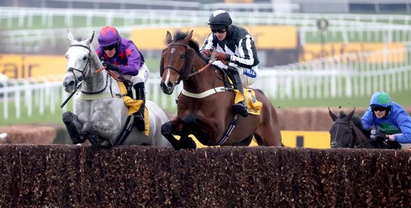 Scarface and Brendan Powell (Black and white) winniing The Betfair Serial Winners Fund Novices??? Handicap Chase Sandown 9.3.24Healy Racing