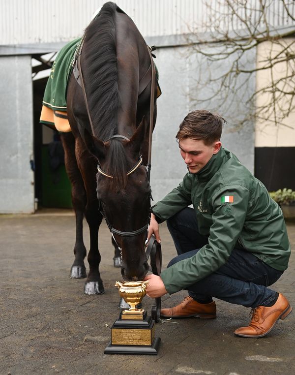 Galopin Des Champs and Adam Connolly admire the Gold Cup which they won for the second time