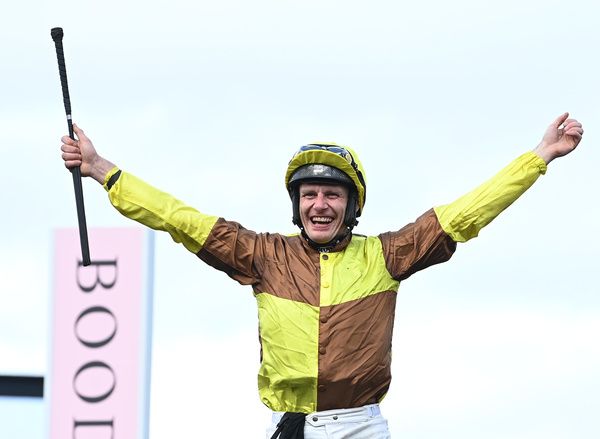 Cheltenham 15-3-24 Paul Townend celebrates aboard Galopin Des Champs after winning the Boodles Gold Cup (Grade 1). This was Pauls fourth Gold Cup of his career(Healy Racing)