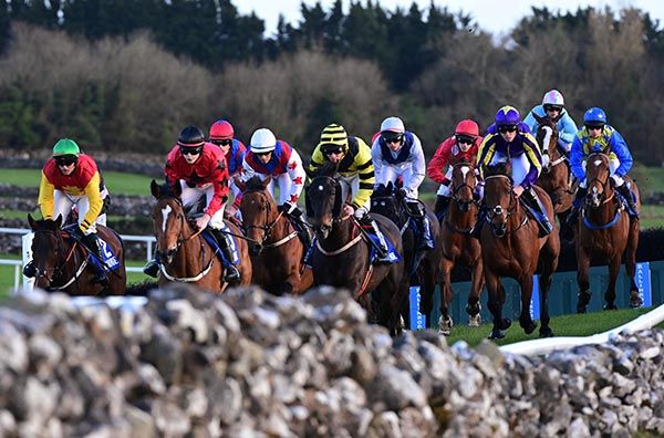 Action from the Qualified Riders Handicap Hurdle won by Oneforgonzo (right)  