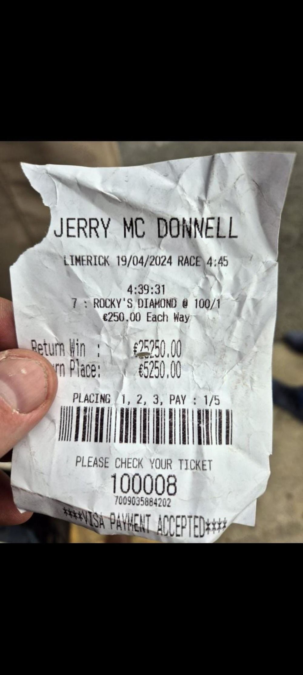 The &euro;250 each-way bet at 100/1 on Rocky's Diamond 