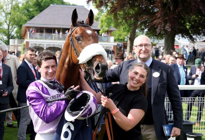 Secret Satire and Oisin Murphy with owner Guy Brook and groom Eloise Dillon at York