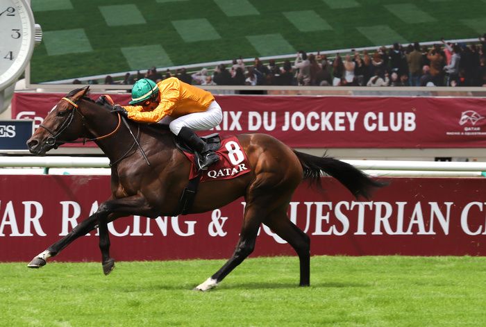 Chantilly 2-June-2024Look de Vega and Ronan Thomas winning the Qatar Prix du Jockey Club for trainers  C & Y Lerner from First Look. Healy Racing