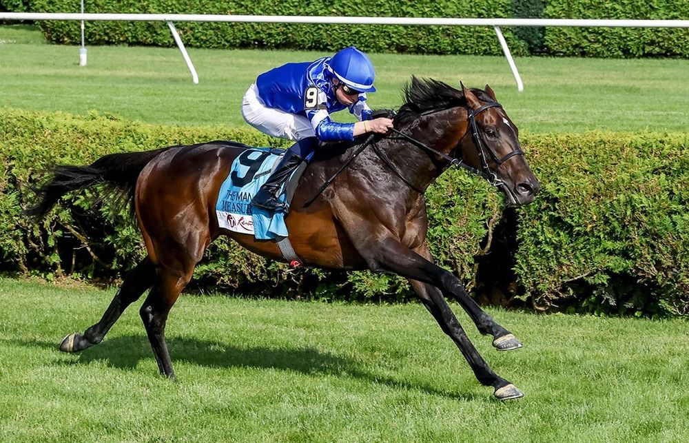 Measured Time and William Buick pictured on their way to victory at Saratoga