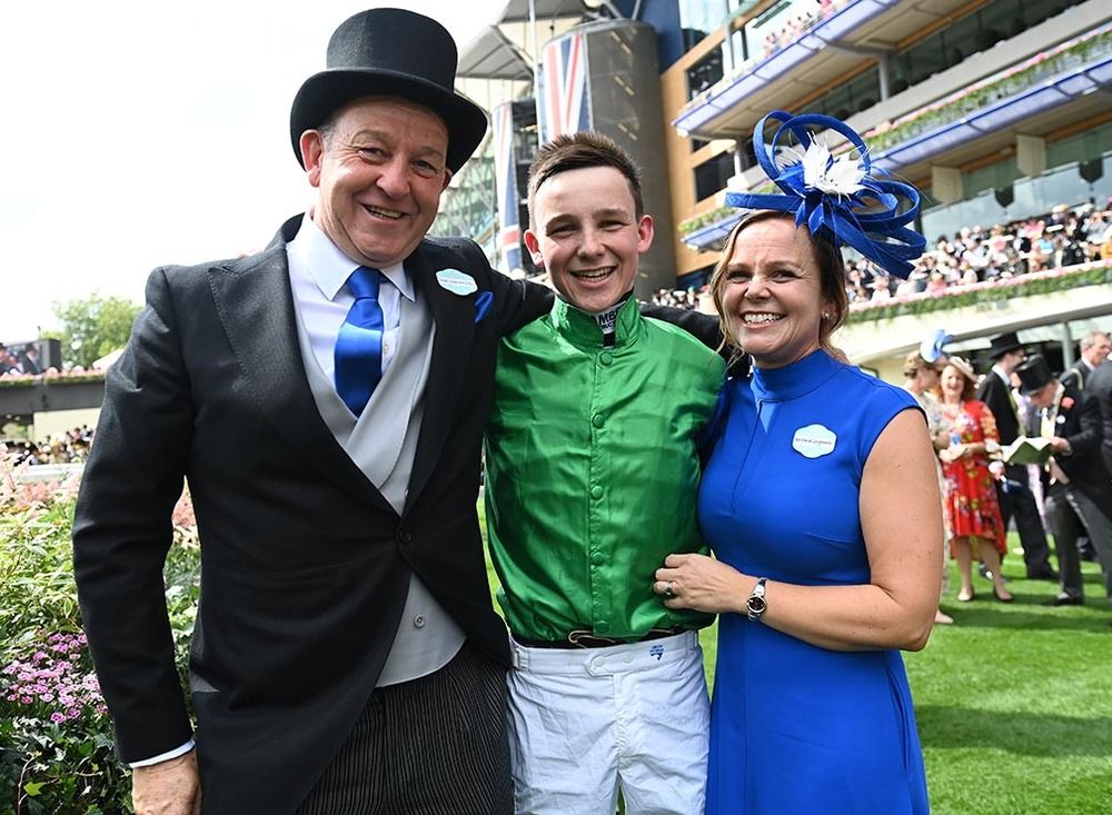 Billy Loughnane pictured with his mum and dad after winning on Rashabar at Royal Ascot