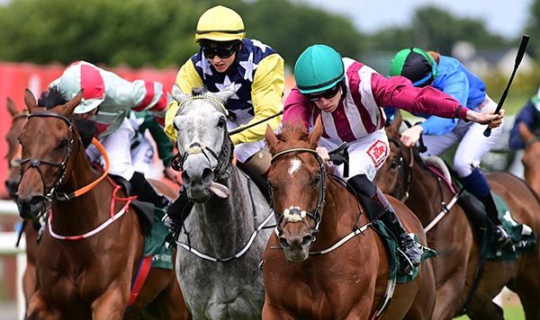 Explorers Way , green cap, prevails by half a length