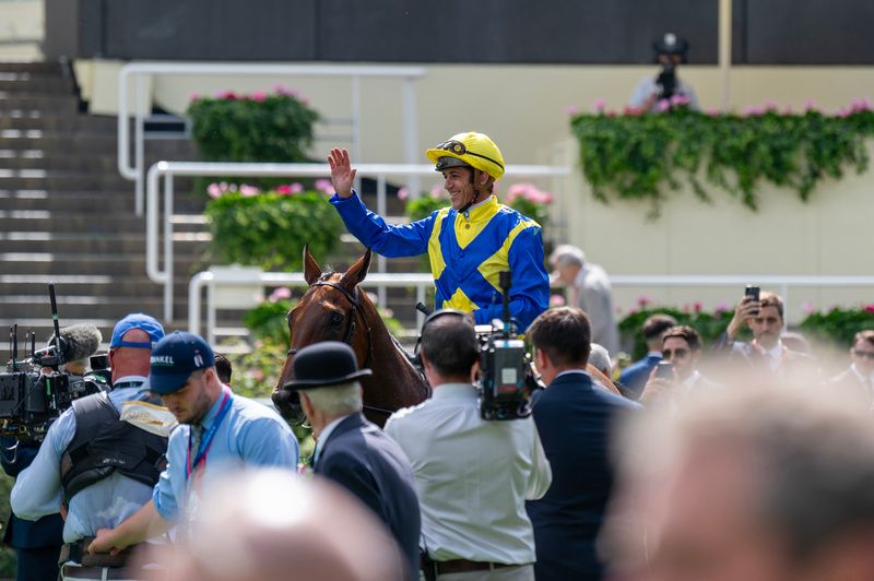 Ascot 27-July-2024  King George VI And Queen Elizabeth Qipco Stakes (Group 1) Goliath and Christophe Soumillon all smiles after win for owner Baron Philip Von Ullmann and trainer Francis Henri Graffard.Healy Racing
