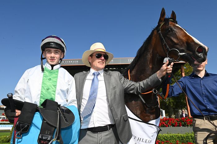 Patrick pictured with Johnny Murtagh after riding his first winner aboard King Thistle in 2024
