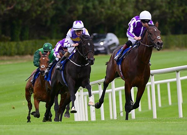 Leopardstown 14-9-24  Green Impact & Shane Foley turn into the home straight behind Bernard Shaw & Declan McDonogh to win the Group 2 KPMG Champions Juvenile Stakes(Photo HEALY RACING)