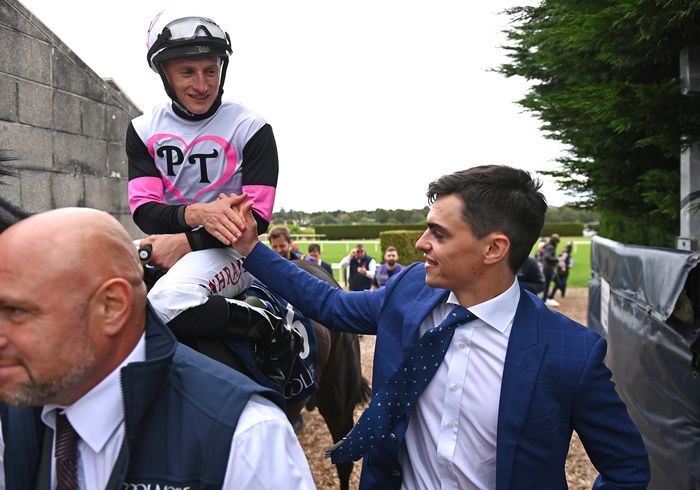 Leopardstown 14-September-2024 Coolmore America ??Justify?? Matron Stakes (Group 1) Well done ... Porta Fortuna and Tom Marquand congratulated by trainer Donnacha O'Brien after win for owners Medallion Racing 2020 LLC .Healy Racing.