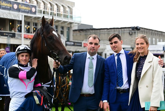 Leopardstown 14 September 2024 Matron Stakes Group 1 winner Porta Fortuna and Tom Marquand with trainer Donnacha O Brien 