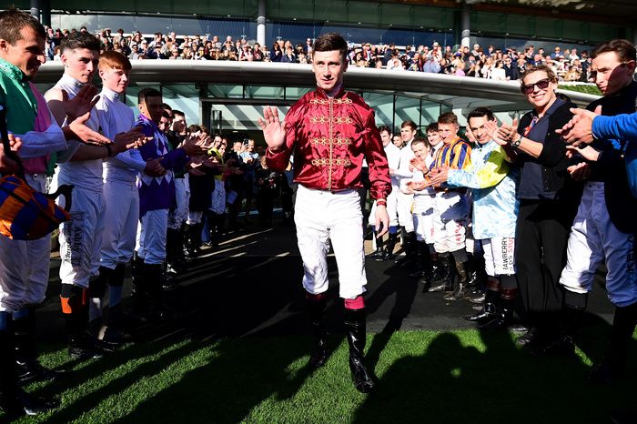 Ascot 19-October-2024Jockey Oisin Murphy is crowned Champion for the 4th time pictured with fellow riders.Healy Racing