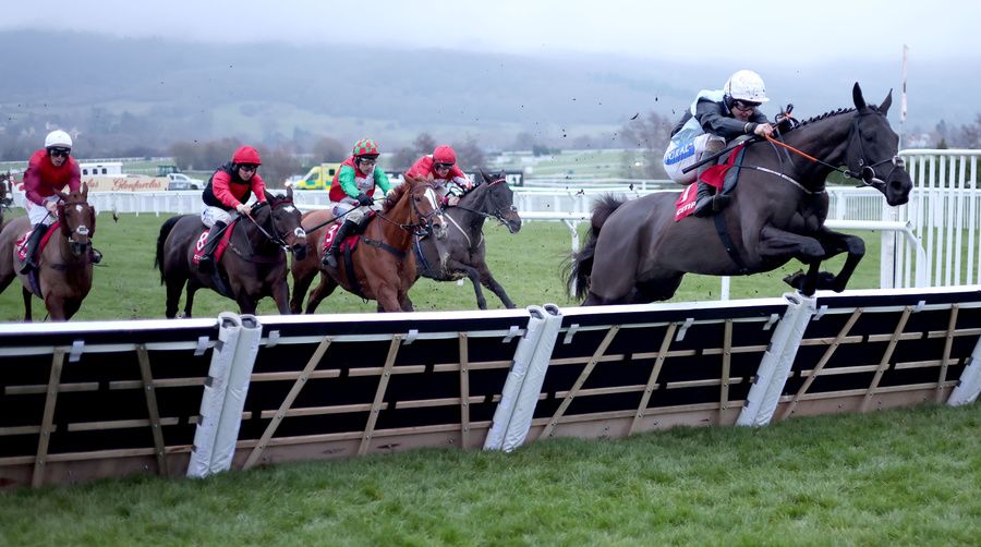 Long Draw and Sean Bowen (blue and black) winning The Citipost Handicap Hurdle 13.12.24 CheltenhamHealy Racing