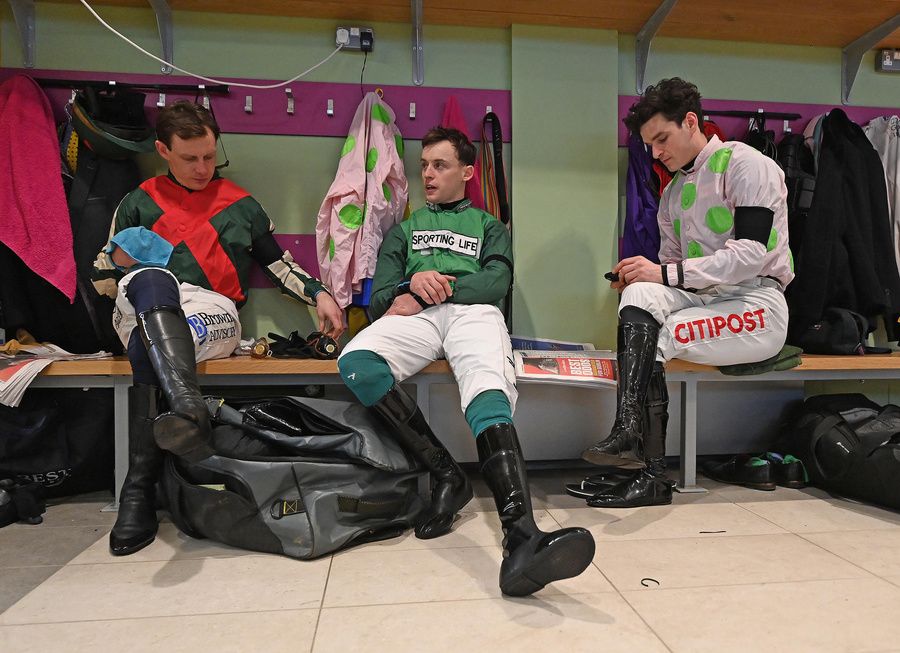 Leopardstown 1-February-2025Jockeys Paul Townend, JJ Slevin and Danny Mullins ahead of racing on Day 1 of The Dublin Racing Festival.Healy Racing