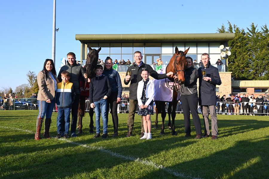 Cheltenham winners Stumptown and Inothewayurthinkin with Keith Donoghue, Gavin Cromwell, Mark Walsh and connections