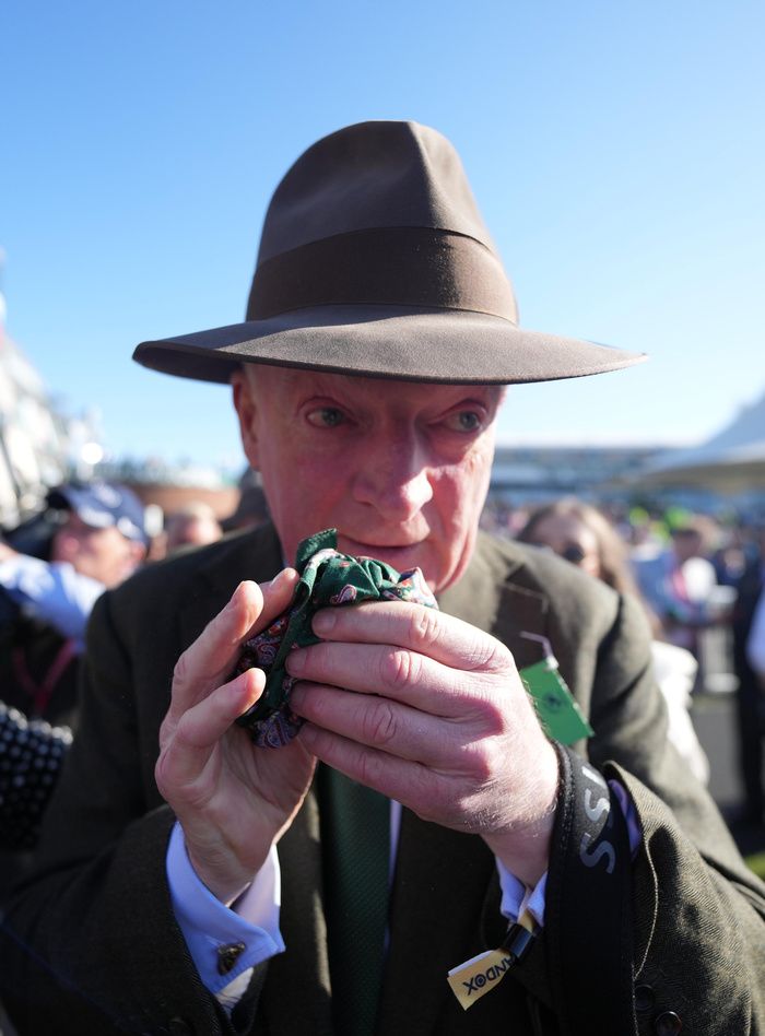Aintree 5-April-2025Trainer Willie Mullins crying after his horse Nick Rockett won with son Patrick riding.Healy Racing