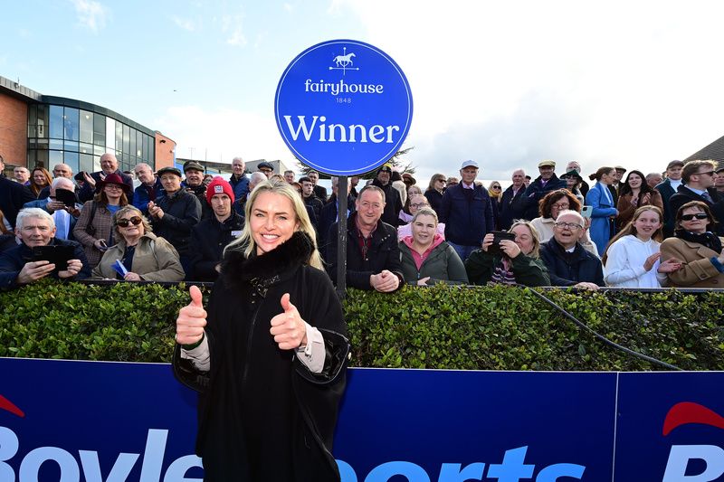 Rebecca Curtis celebrating after Haiti Couleurs won the Boylesports Irish Grand National