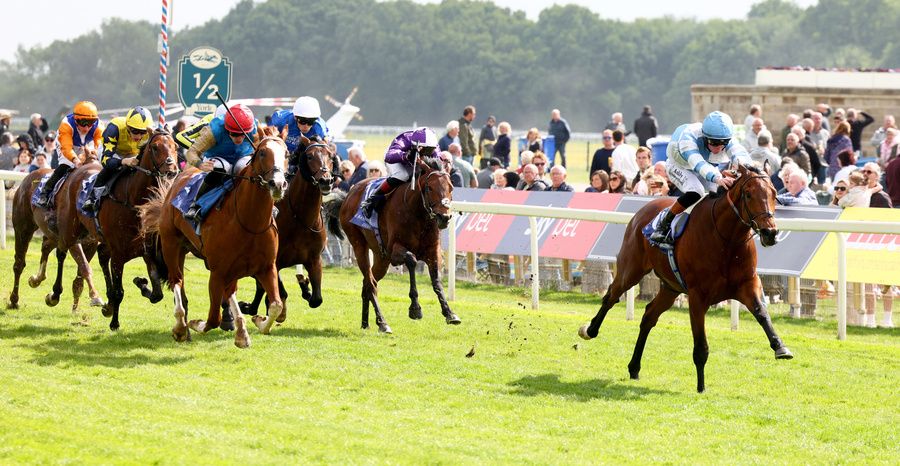 Pride Of Arras and Rossa Ryan (light blue)  winning The Al Basti Equiworld Dubai Dante Stakes York 15.5.24Healy Racing