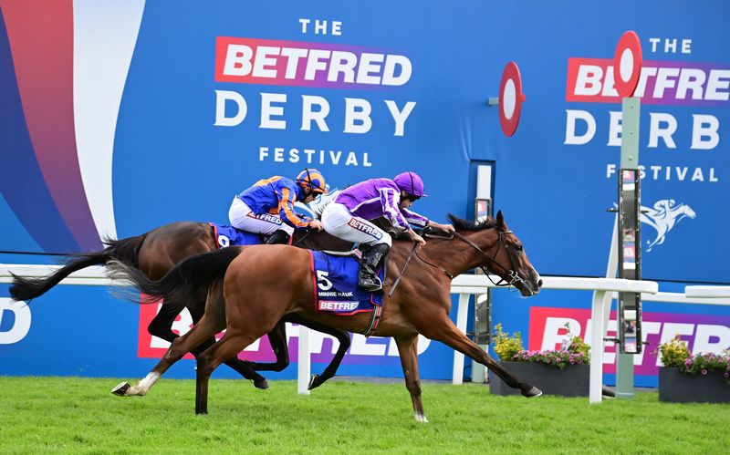 Minnie Hauk (nearside) just beats Whirl in the Betfred Oaks