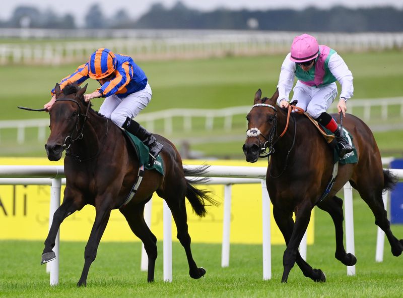 Curragh 28-6-25 Whirl and Ryan Moore (left)  win the Pretty Polly (Group 1) for trainer Aidan O'Brien from Kalpana(Healy Racing)